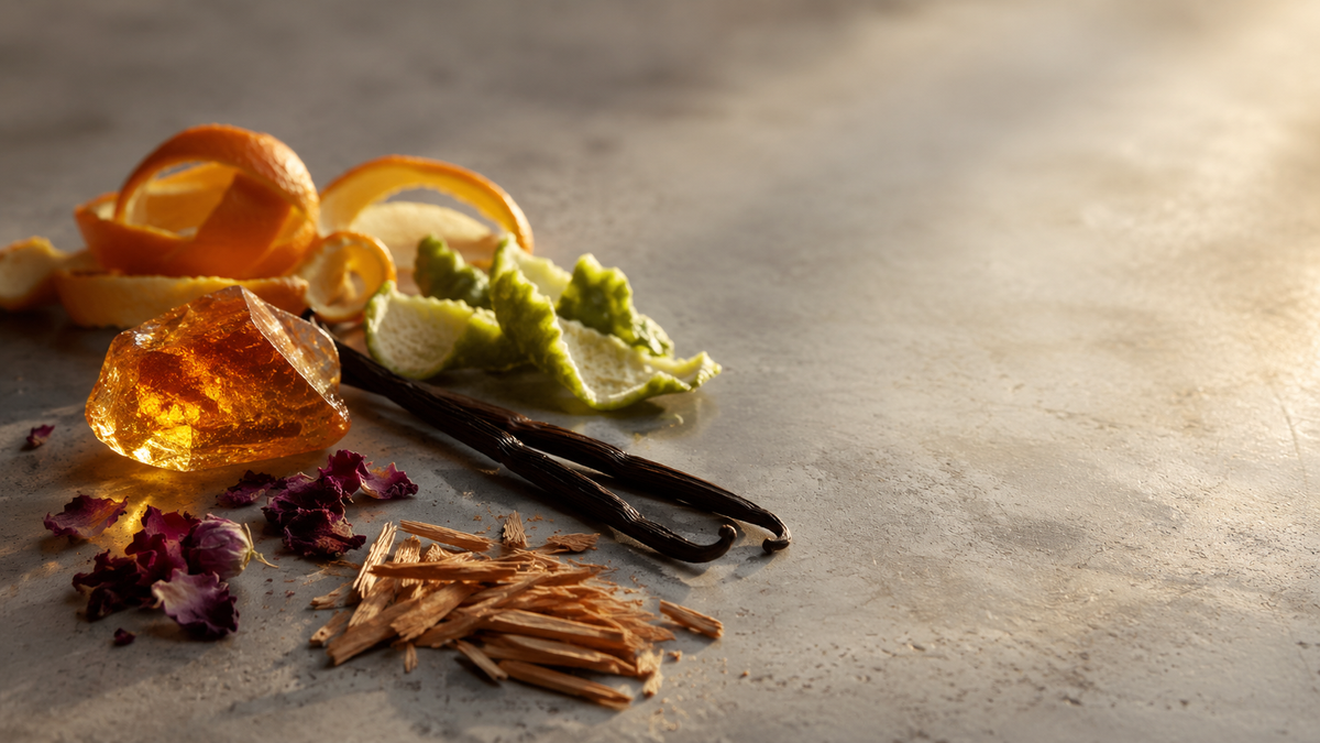 Raw perfume ingredients — amber, citrus, woods and vanilla — in golden light, illustrating how to choose niche fragrance notes